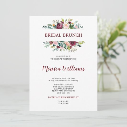 Burgundy Country Bloom | Bridal Brunch Wedding Kaart (Staand voorkant)