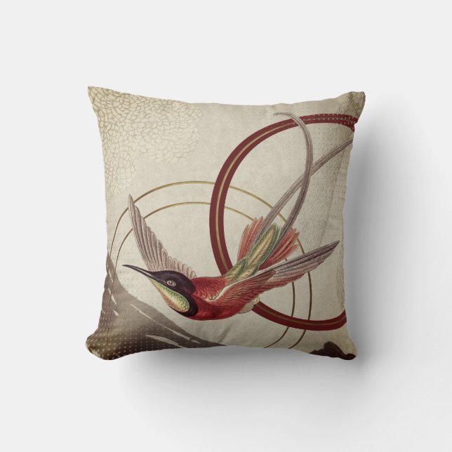 Burgundy & Cream Artistic Abstract Hummingbird Kussen (Voorkant)