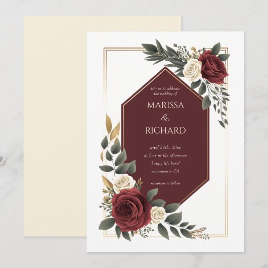 Burgundy Cream Floral Roos Diamond Weduwschap Kaart (Voorkant / Achterkant)