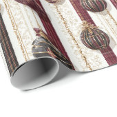 Burgundy Cream Ornaments Stripes Christmas Cadeaupapier (Rol Hoek)