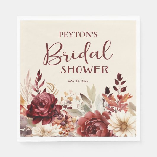 Burgundy Crème Bloemachtige Bruidsdouche Servet (Voorkant)