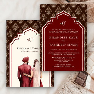 Burgundy Crème Bruin Ikat Anand Karaj Sikh Huwelij Kaart