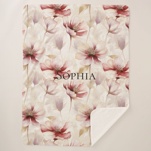 Burgundy Crème Lavendel Bloemrijke Bruiloftsontvan Sherpa Deken (Voorkant)