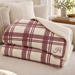 Burgundy Crème Tartan Plaid Monogram Sherpa Deken