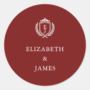 Burgundy Crest Trouwdag Custom Initialen Ronde Sticker