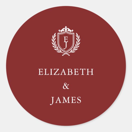 Burgundy Crest Trouwdag Custom Initialen Ronde Sticker (Voorkant)