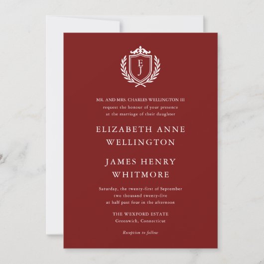Burgundy Crest Wedding Custom Initials Kaart (Voorkant)