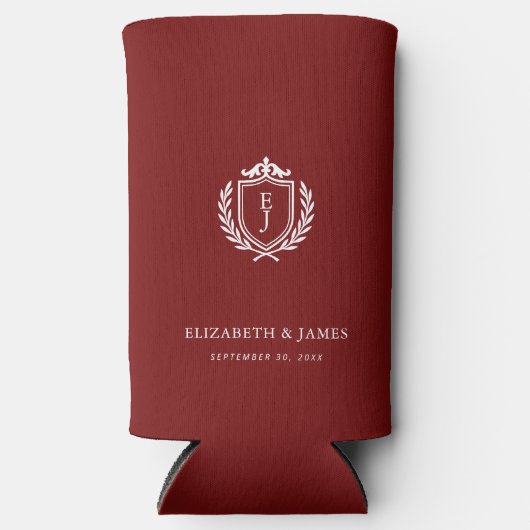 Burgundy Crest Wedding Custom Initials Seltzer Blikjeskoeler (Voorkant)