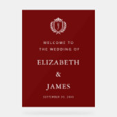 Burgundy Crest Wedding Welcome, Custom Initials Acryl Bord (Voorkant)