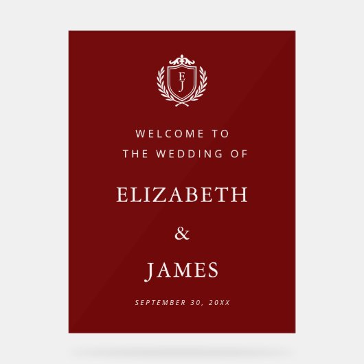 Burgundy Crest Wedding Welcome, Custom Initials Acryl Bord (Voorkant)