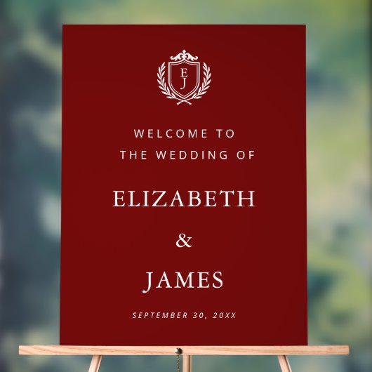Burgundy Crest Wedding Welcome, Custom Initials Acryl Bord (Neutraal)