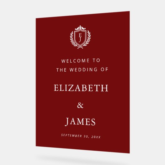 Burgundy Crest Wedding Welcome, Custom Initials Acryl Bord (Hoek)