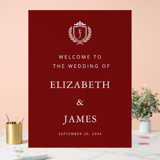 Burgundy Crest Wedding Welcome, Custom Initials Acryl Bord (Huwelijk)