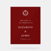 Burgundy Crest Wedding Welcome, Custom Initials Acryl Bord (Voorkant)