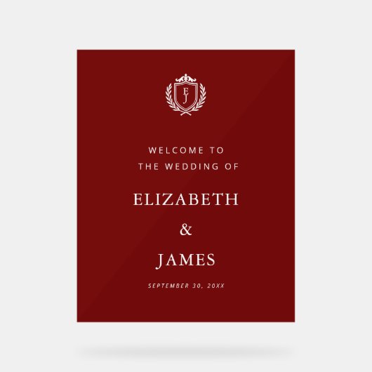 Burgundy Crest Wedding Welcome, Custom Initials Acryl Bord (Voorkant)
