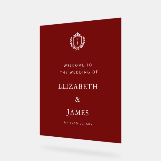 Burgundy Crest Wedding Welcome, Custom Initials Acryl Bord (Hoek)