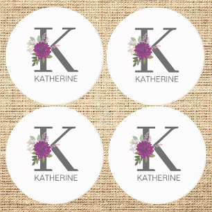 Burgundy Dahlia Bloemalfabet Letter Monogram   Zandsteen Onderzetter