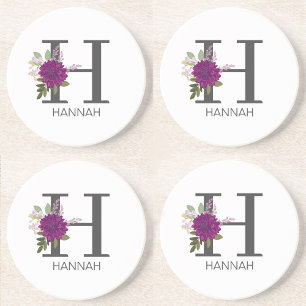 Burgundy Dahlia Bloemalfabet Letter Monogram   Zandsteen Onderzetter