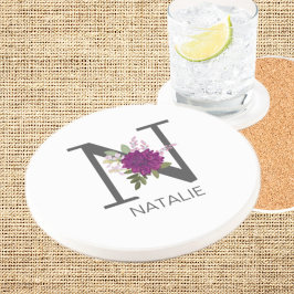 Burgundy Dahlia Bloemalfabet Letter Monogram   Zandsteen Onderzetter