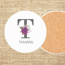 Burgundy Dahlia Floral Alphabet Letter Monogram   Zandsteen Onderzetter