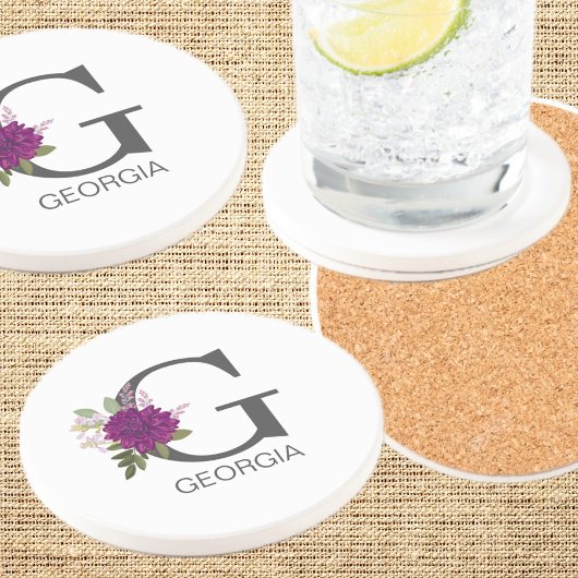 Burgundy Dahlia Floral Alphabet Letter Monogram   Zandsteen Onderzetter