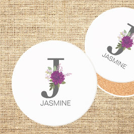 Burgundy Dahlia Floral Alphabet Letter Monogram   Zandsteen Onderzetter