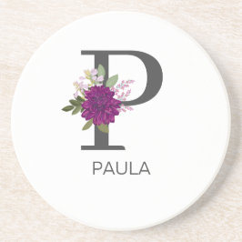 Burgundy Dahlia Floral Alphabet Letter Monogram   Zandsteen Onderzetter