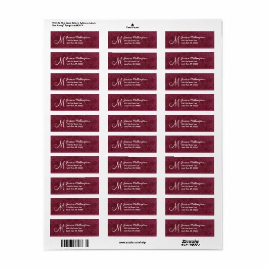 Burgundy Damask Monogram M Wedding V01 Etiket (Full Sheet)