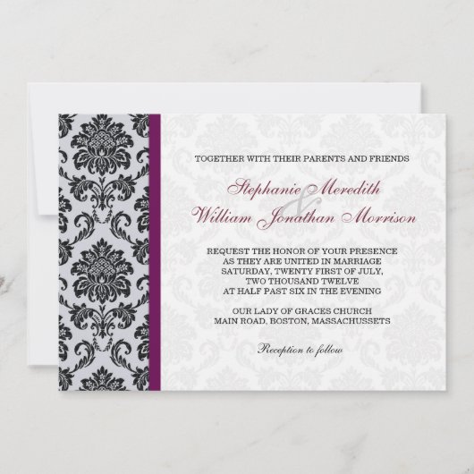 Burgundy Damask Monogram Uitnodiging (Voorkant)