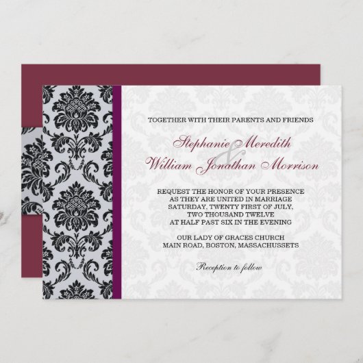 Burgundy Damask Monogram Uitnodiging (Voorkant / Achterkant)