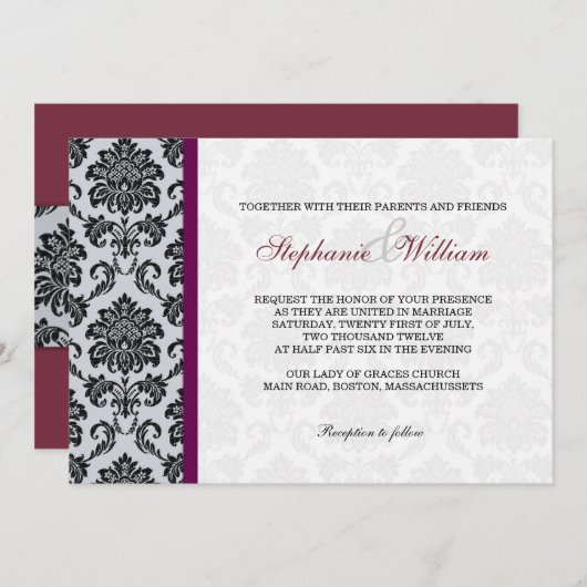 Burgundy Damask Monogram Uitnodiging (Voorkant / Achterkant)