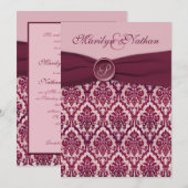 Burgundy Damask Monogrammed Wedding Invitation Kaart (Voorkant / Achterkant)