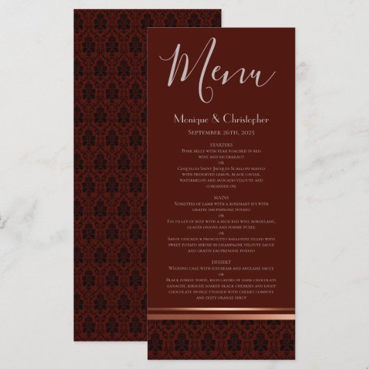 Burgundy Damask Roos Gold Trim WeddenMenu Menu (Voorkant / Achterkant)