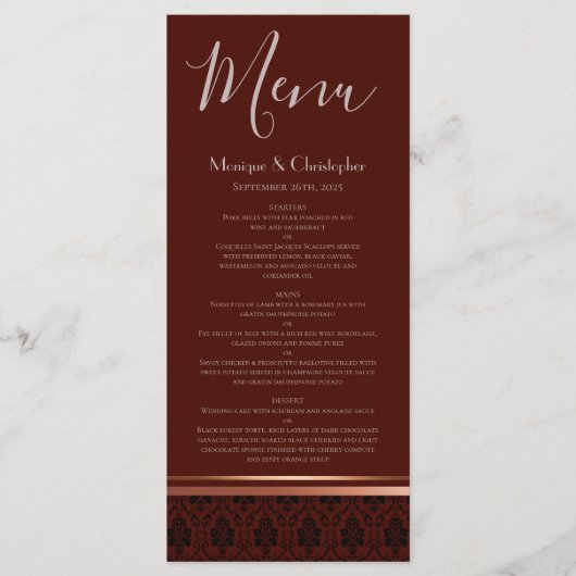 Burgundy Damask Roos Gold Trim WeddenMenu Menu (Voorkant)