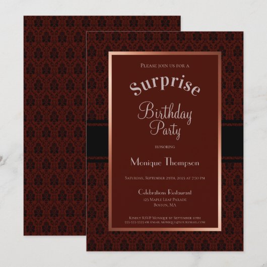 Burgundy Damask Surprise Birthday Party Kaart (Voorkant / Achterkant)