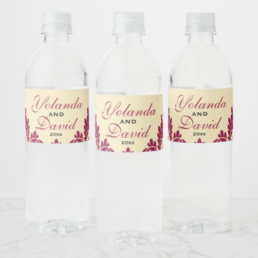 Burgundy Damask Waterfles Etiket (Flessen)