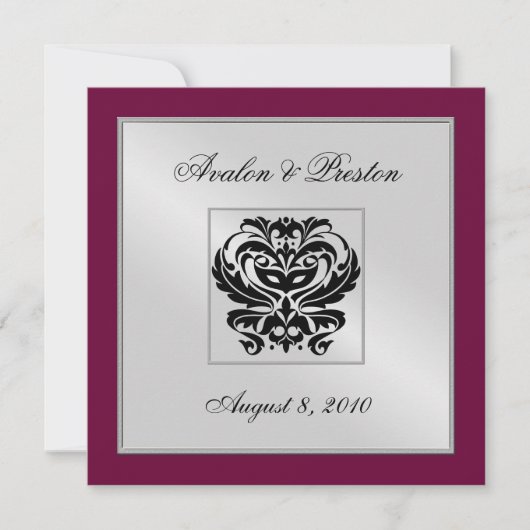 Burgundy Damask Wedding Crest Uitnodiging (Voorkant)