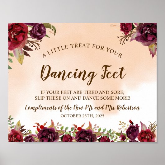 Burgundy Dancing Feet Teenslippers Wedding Sign Poster (Voorkant)