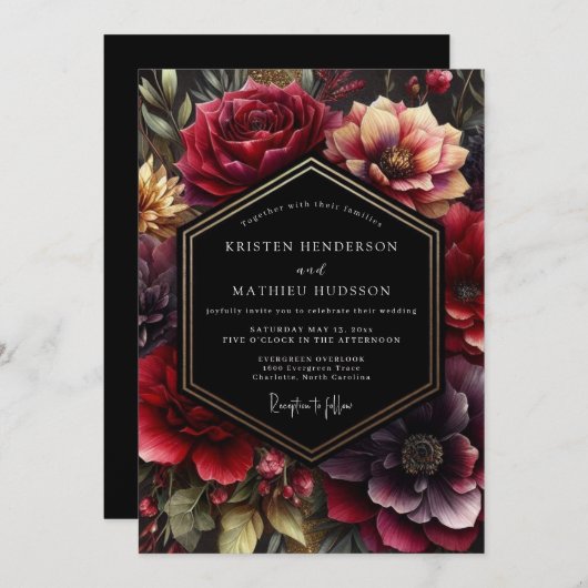 Burgundy Dark Bloom Wedding Kaart (Voorkant / Achterkant)