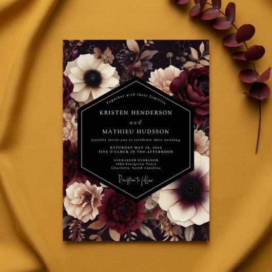 Burgundy Dark Floral Nocturne Wedding Kaart