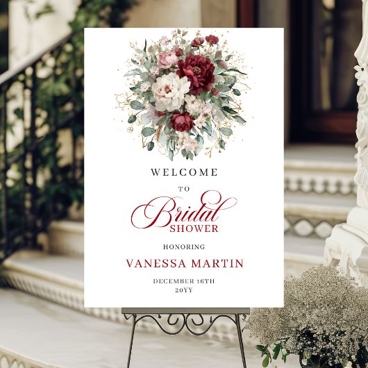 Burgundy Deep Red Floral Bridal Shower Welcome Poster