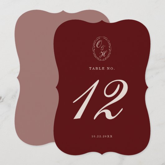 Burgundy Die-Cut Wedding Table Number Kaart (Voorkant / Achterkant)