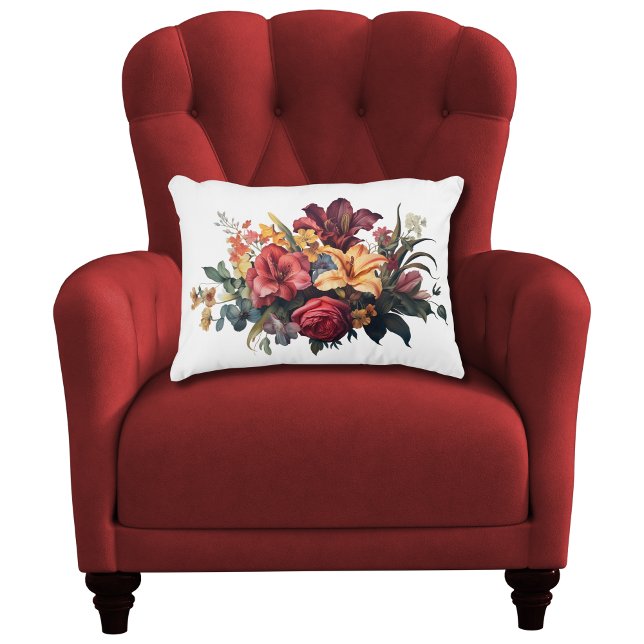 Burgundy Donkerrood Perzik Vintage Bloemige Groene Accent Kussen (Burgundy Dark Red Peach Moody Vintage Florals Accent Throw Pillow Rectangle Pillow)