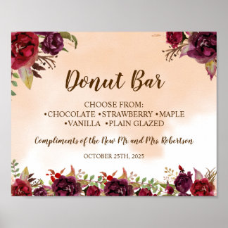 Burgundy Donut Bar Bruidsfeest Bruiloft Bord Poster