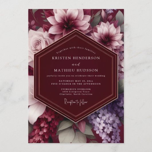 Burgundy Dramatic Botanical Wedding Kaart (Voorkant)