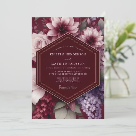 Burgundy Dramatic Botanical Wedding Kaart (Staand voorkant)