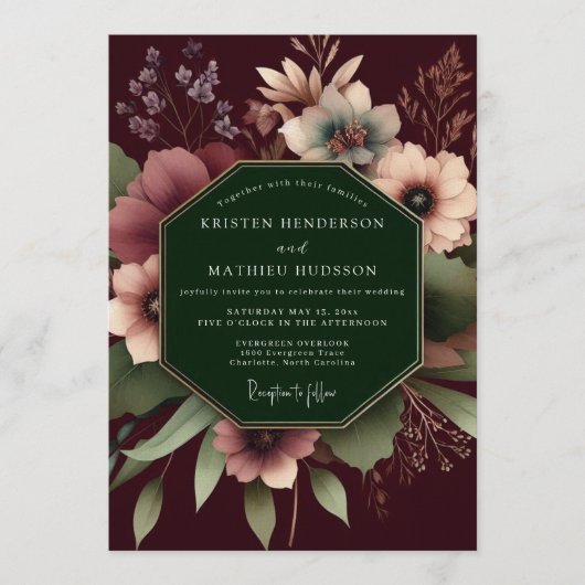 Burgundy Dramatic Floral Wedding Kaart (Voorkant)