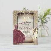 Burgundy Dress,Balloons,Glitter 80th Birthday Kaart (Staand voorkant)