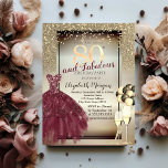 Burgundy Dress,Balloons,Glitter 80th Birthday Kaart<br><div class="desc">Elegant bruine jurk,  ballonnen,  wijnglazen,  zilveren glitter hoge hakken op de achtergrond van glitter bokeh.</div>