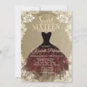 Burgundy Dress,Crown,Lace Kraft Sweet 16 Party Kaart (Voorkant)